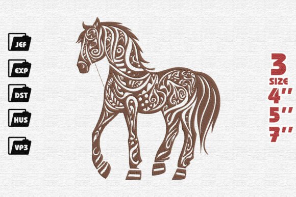 Intricate Brown Tribal Horse Embroidery Design